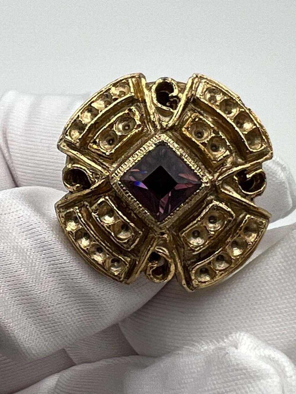 Vintage Ornate Gold-Tone Statement Ring with Purple Square Stone